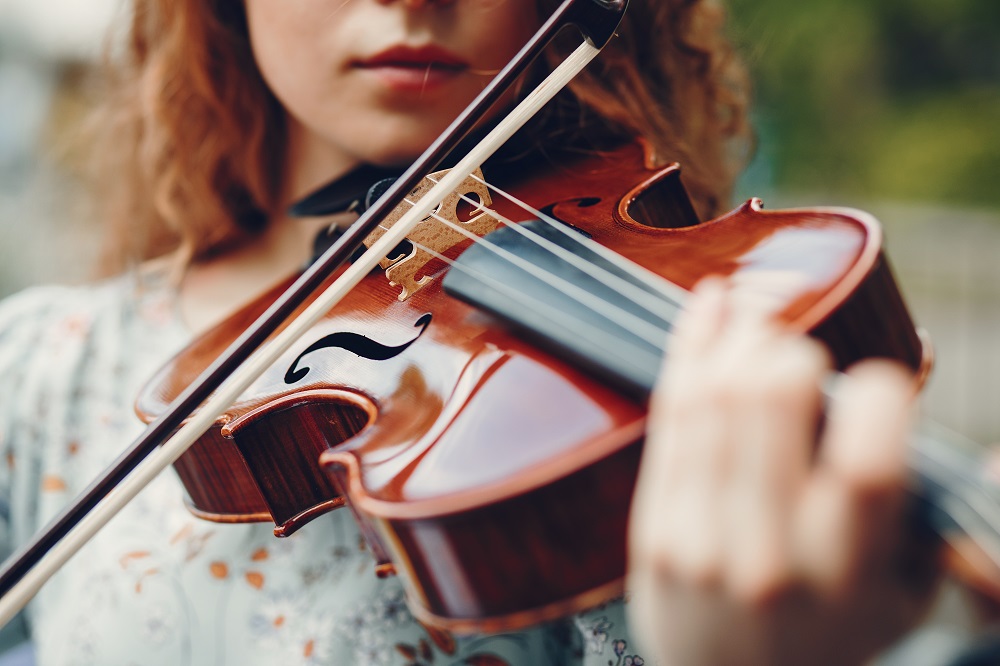 Beautiful girl in a summer park with a violin