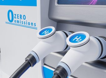 Hydrogen fuel car charging station white color visual concept design. 3d Illustration