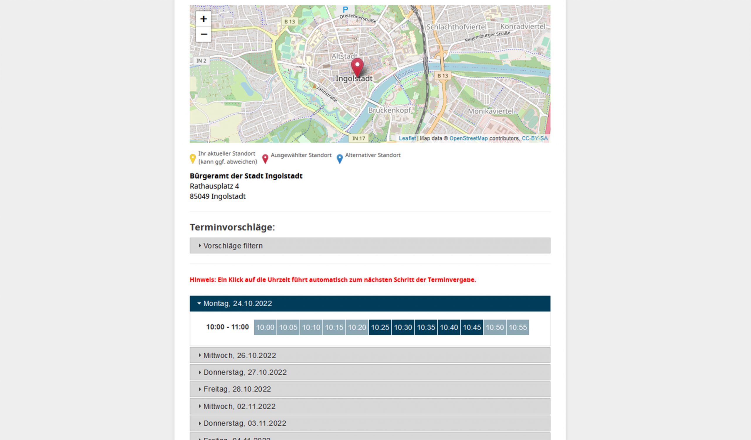 Screenshot Terminvereinbarung Stadt Ingolstadt