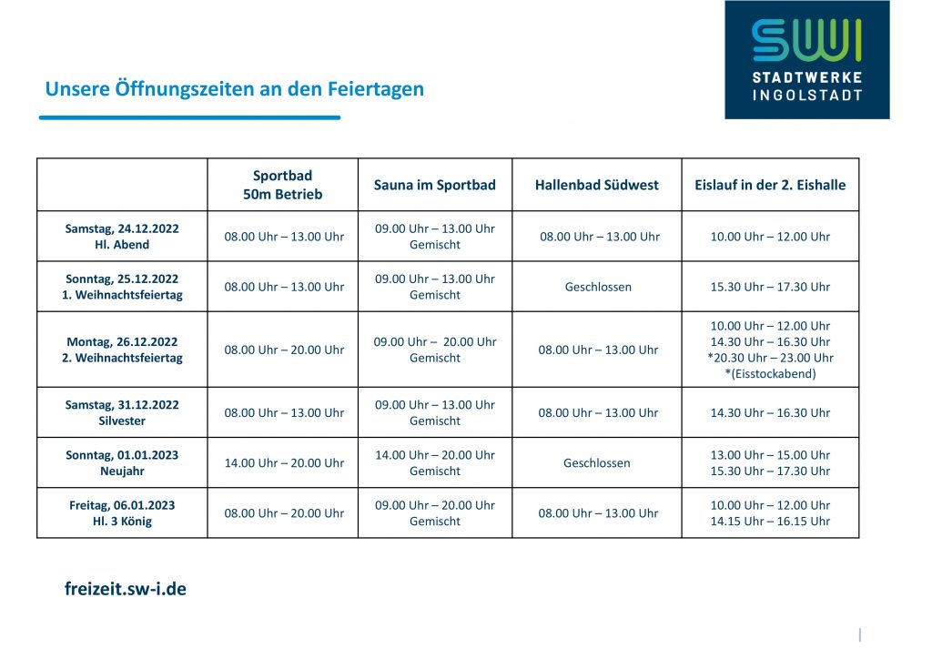 Öffnungszeiten der Freizeitanlagen an den Feiertagen