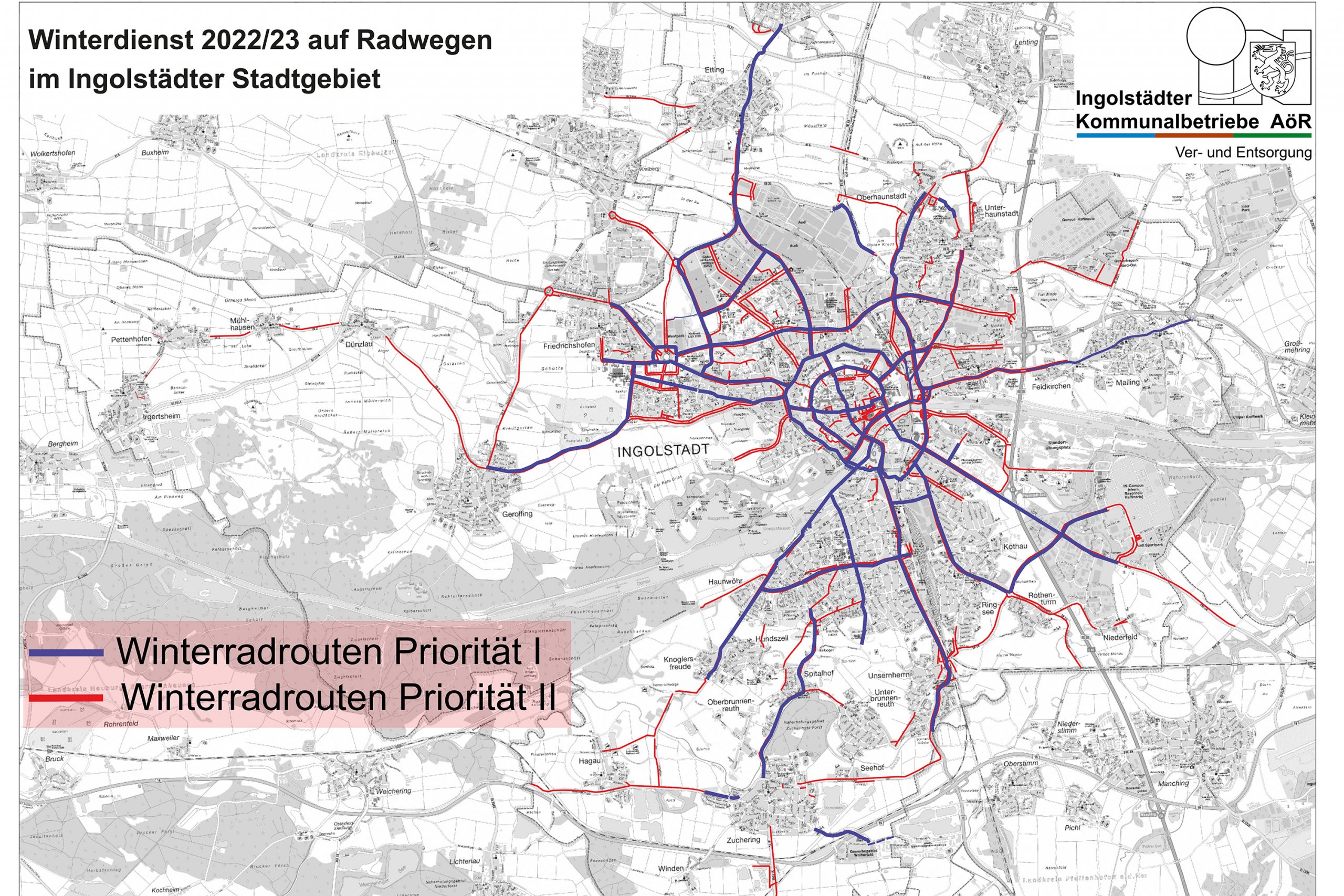 Kartenausschnitt Radwege Winter Kommunalbetreibe 2022